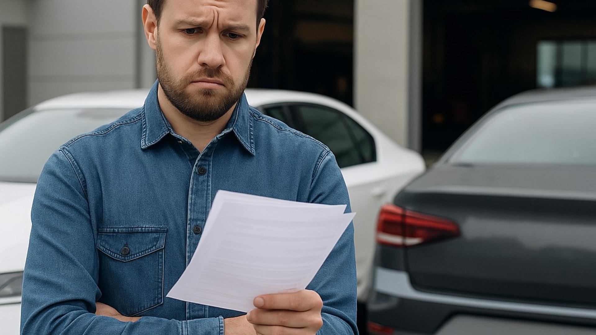 Ein Mann steht nachdenklich vor einem Autohaus und betrachtet eine Reparaturrechnung – im Hintergrund moderne Fahrzeuge und eine Werkstatthalle.