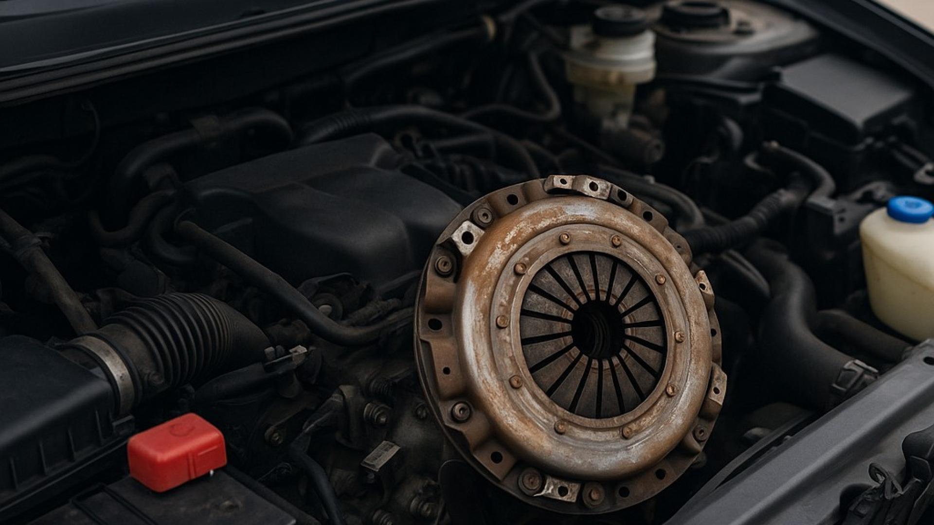 Offene Motorhaube mit freiliegender Kupplung – deutlicher Verschleiß an der Kupplungsscheibe eines Fahrzeugs.