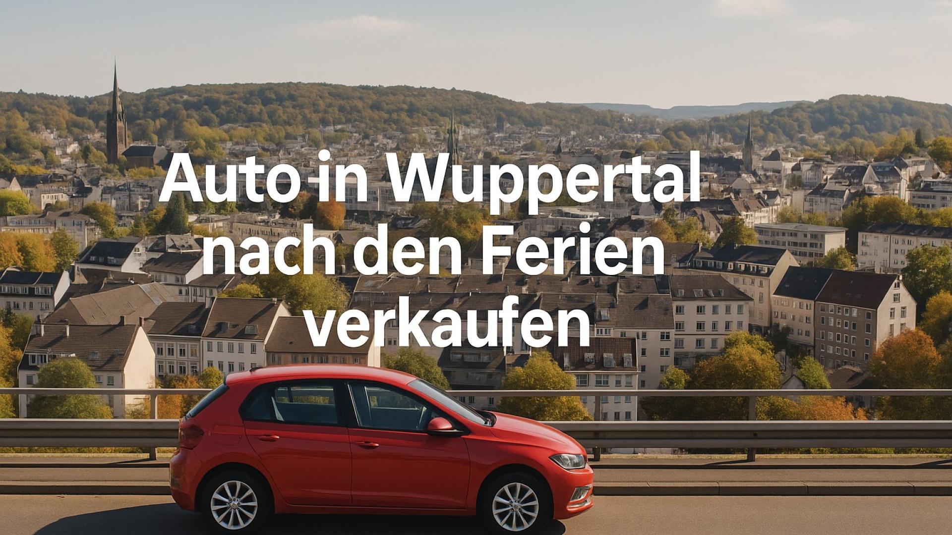 Panorama von Wuppertal mit rotem Auto im Vordergrund – ideal für Blogbeitrag zum Autoverkauf nach den Ferien.