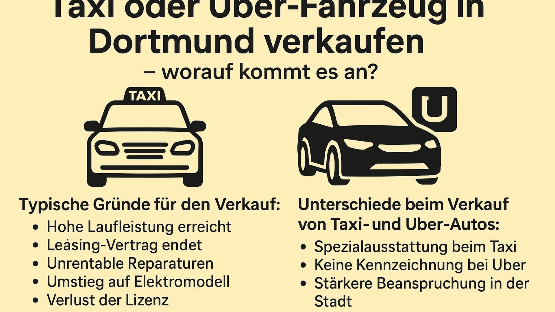 Grafik zeigt Gründe und Unterschiede beim Verkauf von Taxi- und Uber-Fahrzeugen in Dortmund – kompakt und übersichtlich erklärt.