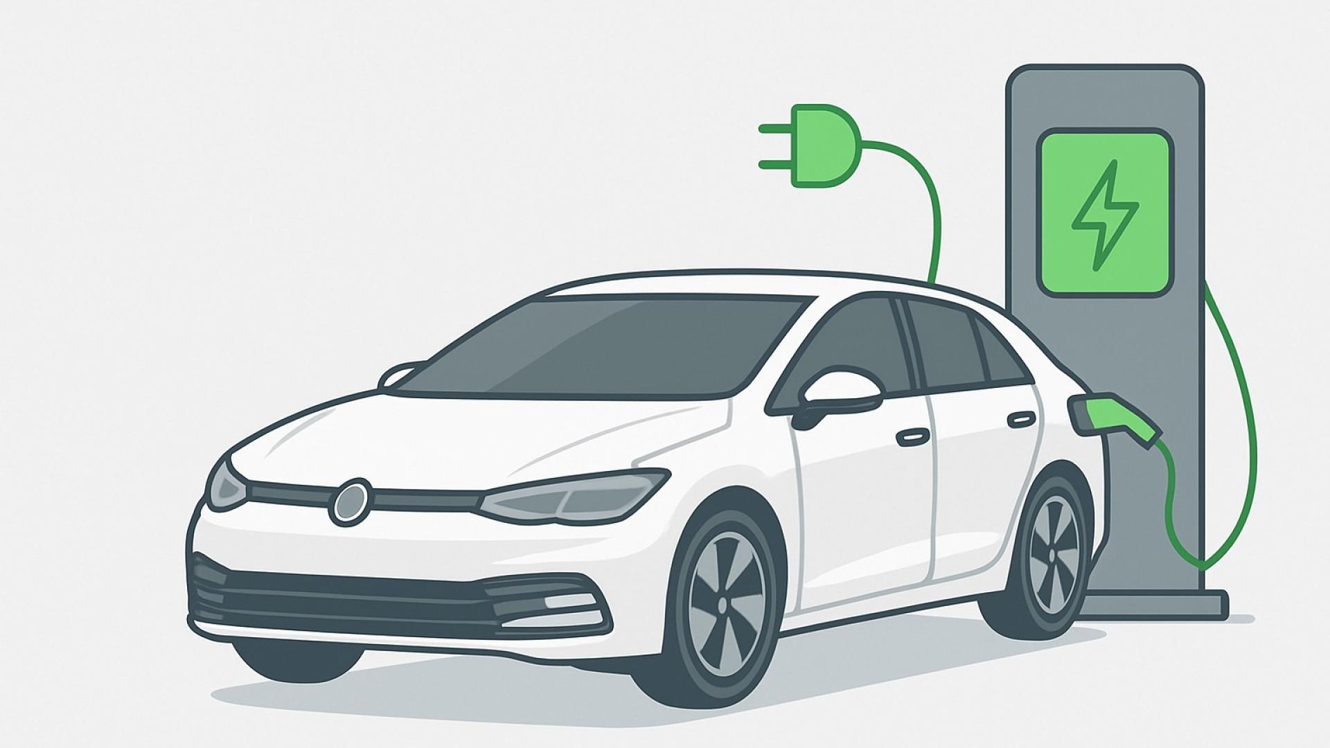 Weiße Elektro-Limousine an moderner Ladestation – Illustration zum Thema Elektroauto verkaufen bei Autoankauf ADAM.