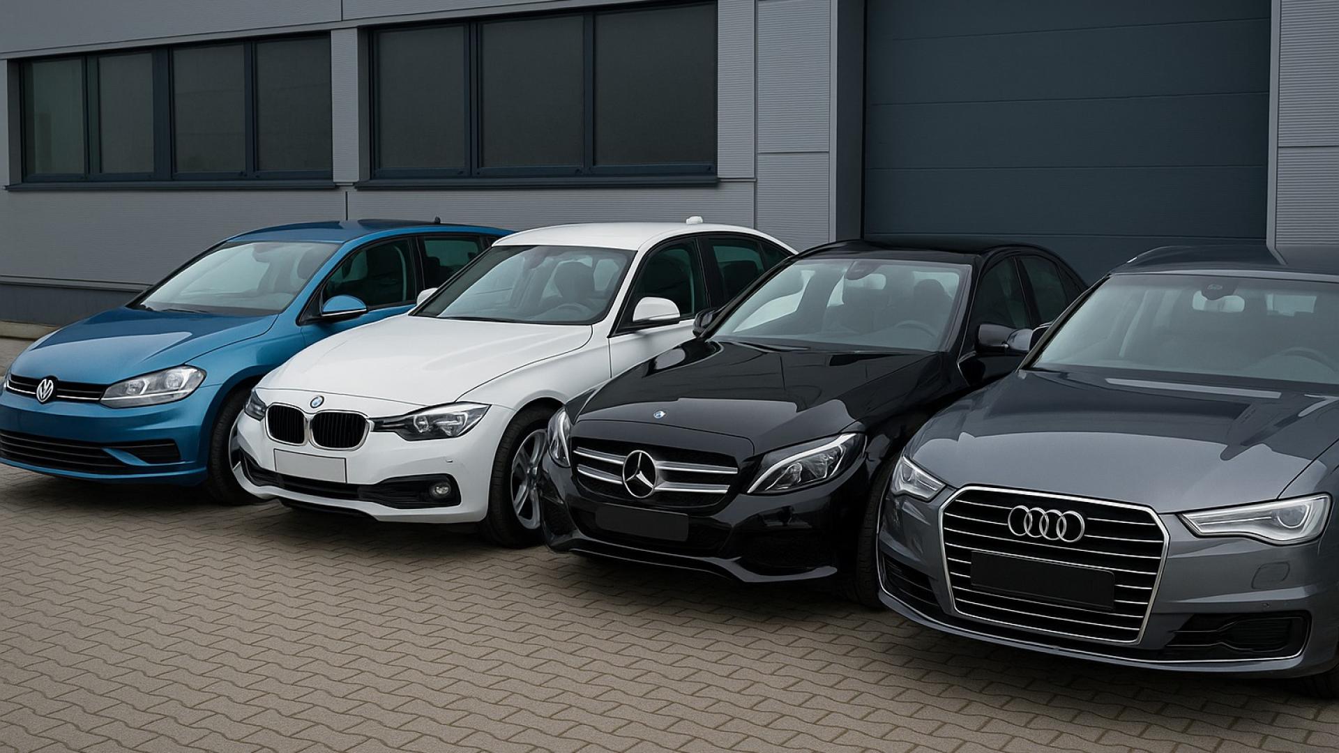 Vier hochwertige Fahrzeuge – VW Golf, BMW 3er, Mercedes C-Klasse und Audi A6 – vor moderner Gewerbefassade in Düsseldorf.