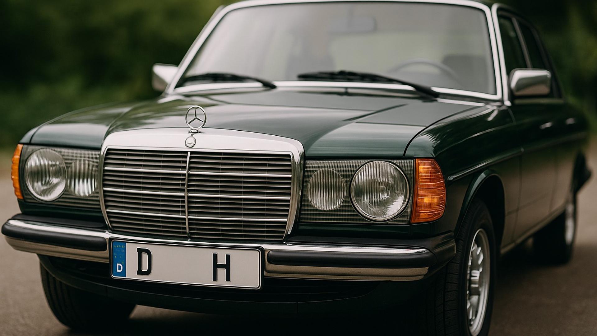 Klassischer Mercedes mit H-Kennzeichen, glänzendem Lack und Chromdetails – perfekt gepflegter Oldtimer vor grünem Naturhintergrund.