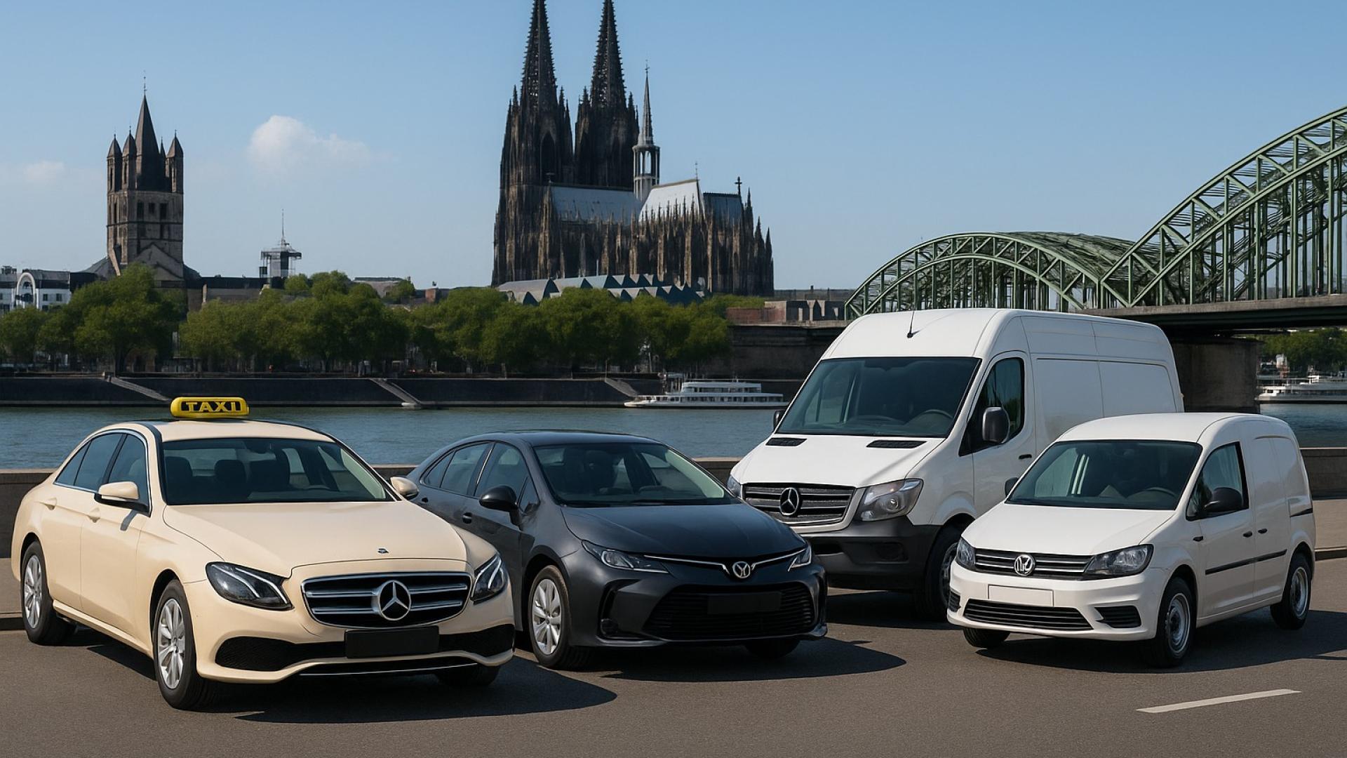 Taxi, Uber-Fahrzeug und Lieferwagen vor dem Kölner Dom – Symbol für Fahrzeugverkauf in Köln.