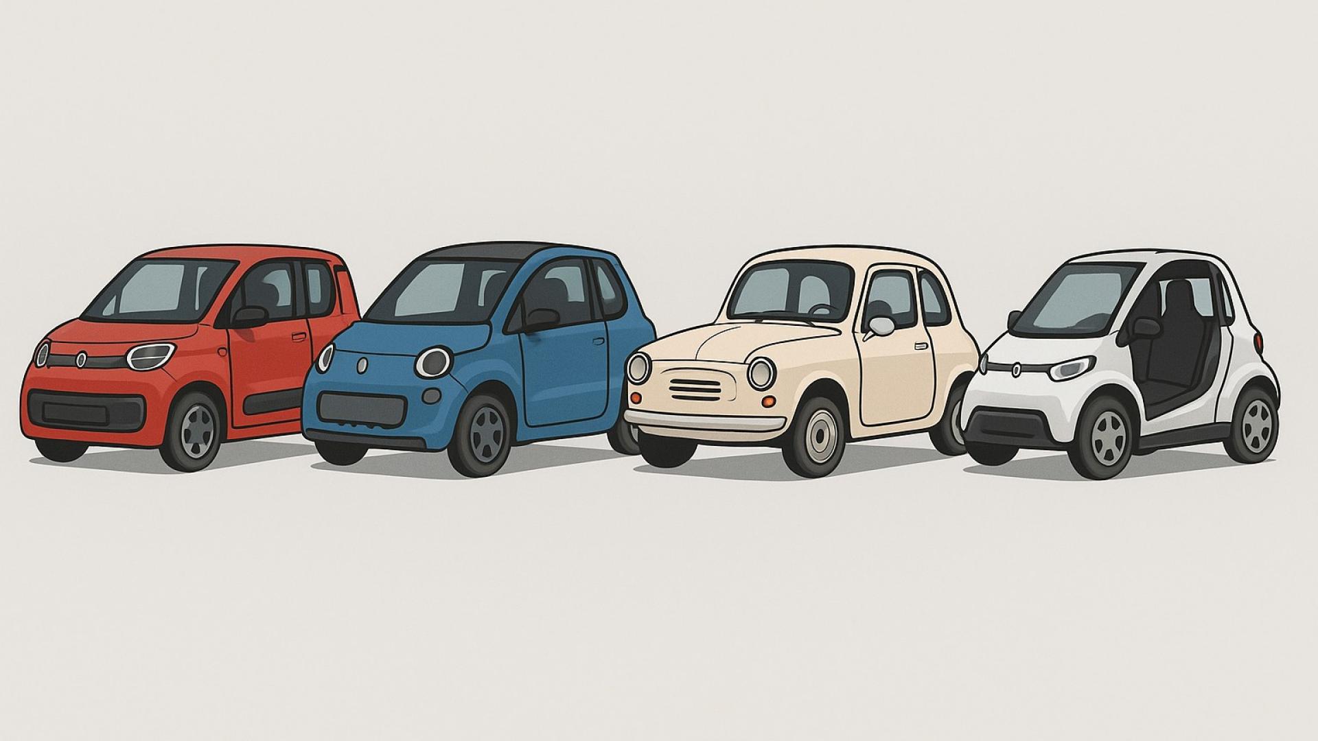 Illustration verschiedener Mopedautos/Mikroautos in modernem Design – kompakte Stadtfahrzeuge im Überblick.