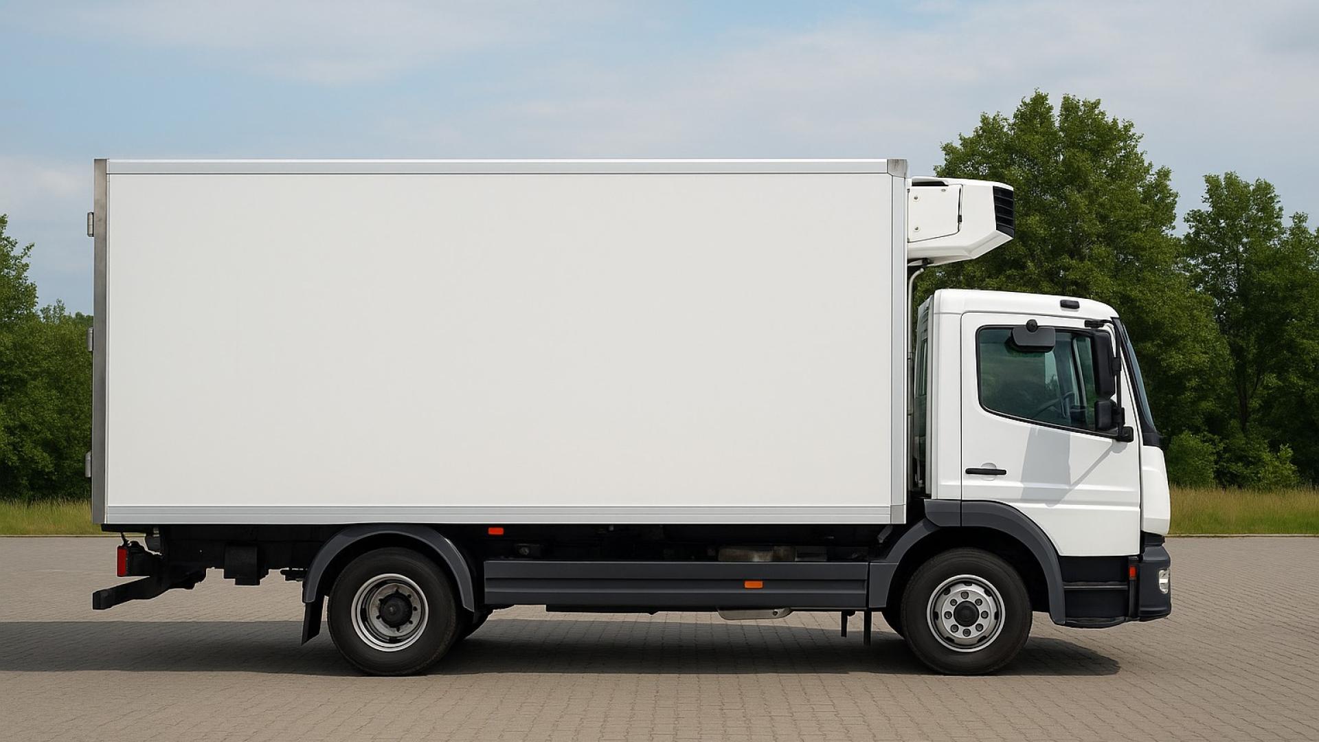 Moderner weißer Kühlwagen auf Parkplatz – Symbolbild für Kühlfahrzeuge im Verkauf bei Autoankauf ADAM.