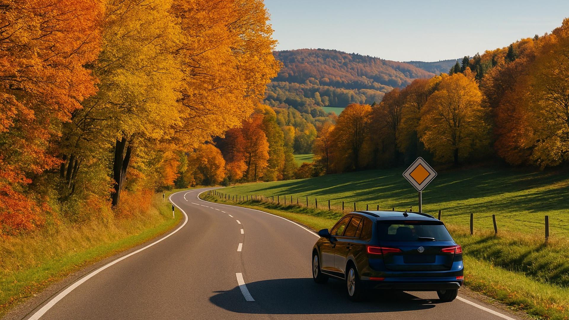 Auto fährt auf kurviger Landstraße durch herbstliche Landschaft in Deutschland, umgeben von bunten Bäumen und Hügeln.