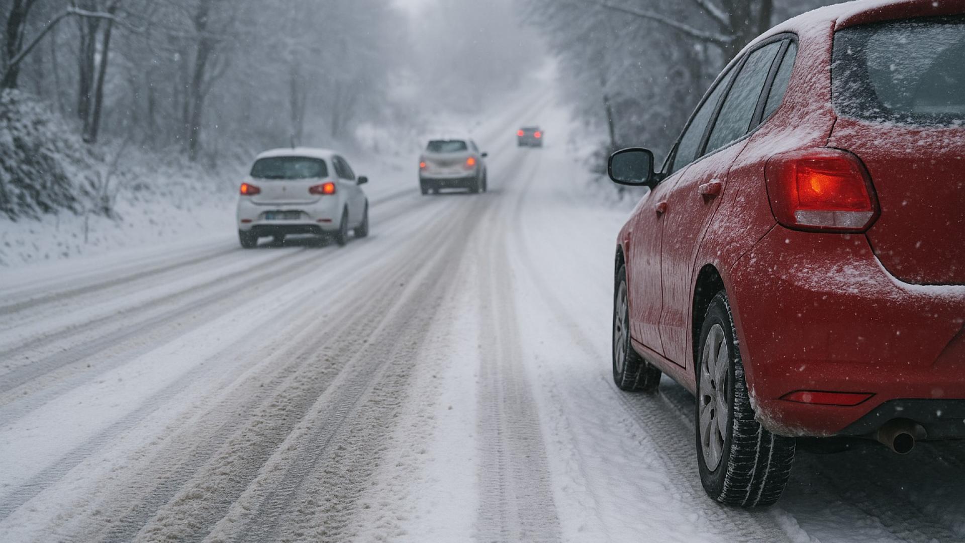 Autos auf schneebedeckter Bergstraße – Winterfahrt im Bergischen Land mit steilen Straßen und Glättegefahr.