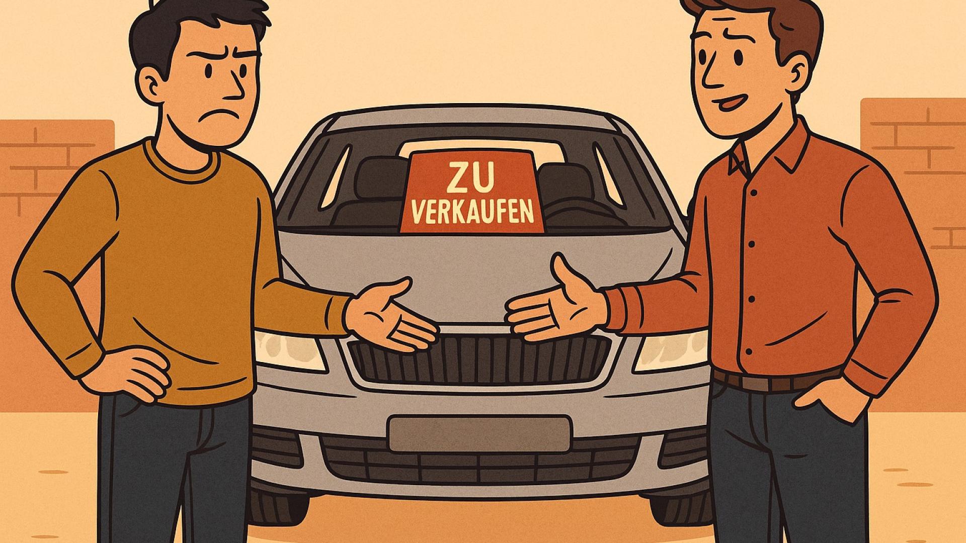 Humorvolle Illustration: Zwei Freunde verhandeln über ein Auto mit „Zu verkaufen“-Schild – Vertrauen trifft auf Konfliktpotenzial.