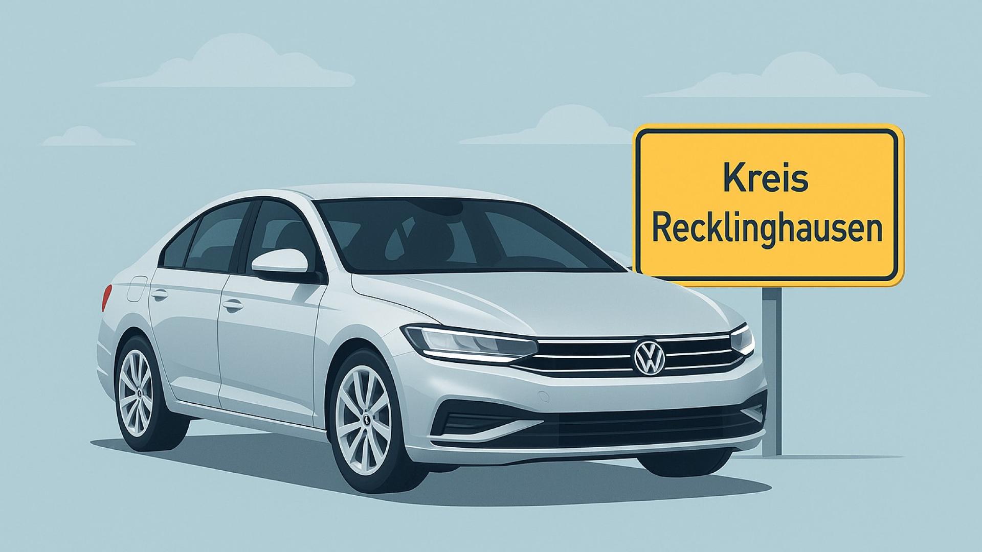 Modernes Auto vor gelbem Ortsschild ‚Kreis Recklinghausen‘ – stilvolle Illustration mit regionalem Bezug.
