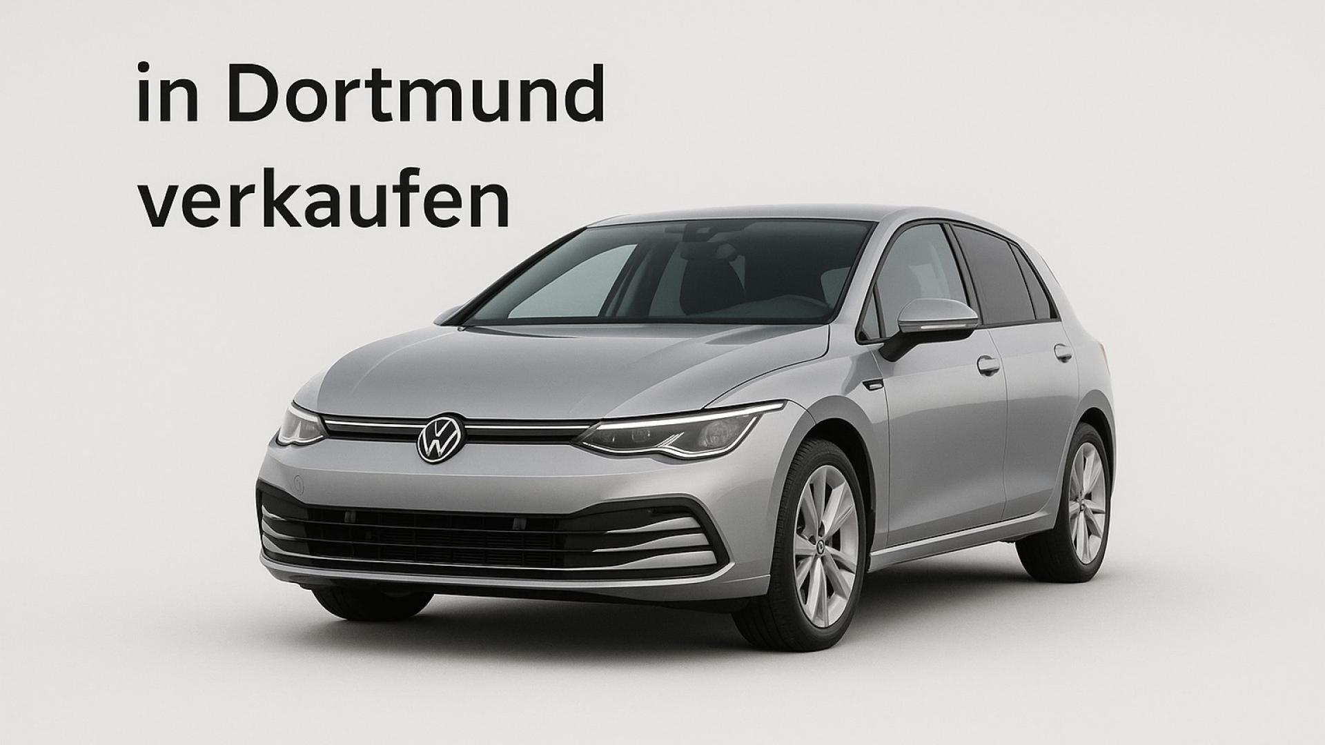Silberner VW Golf 8 mit Schriftzug „in Dortmund verkaufen“ – modernes Fahrzeug auf hellem Hintergrund.