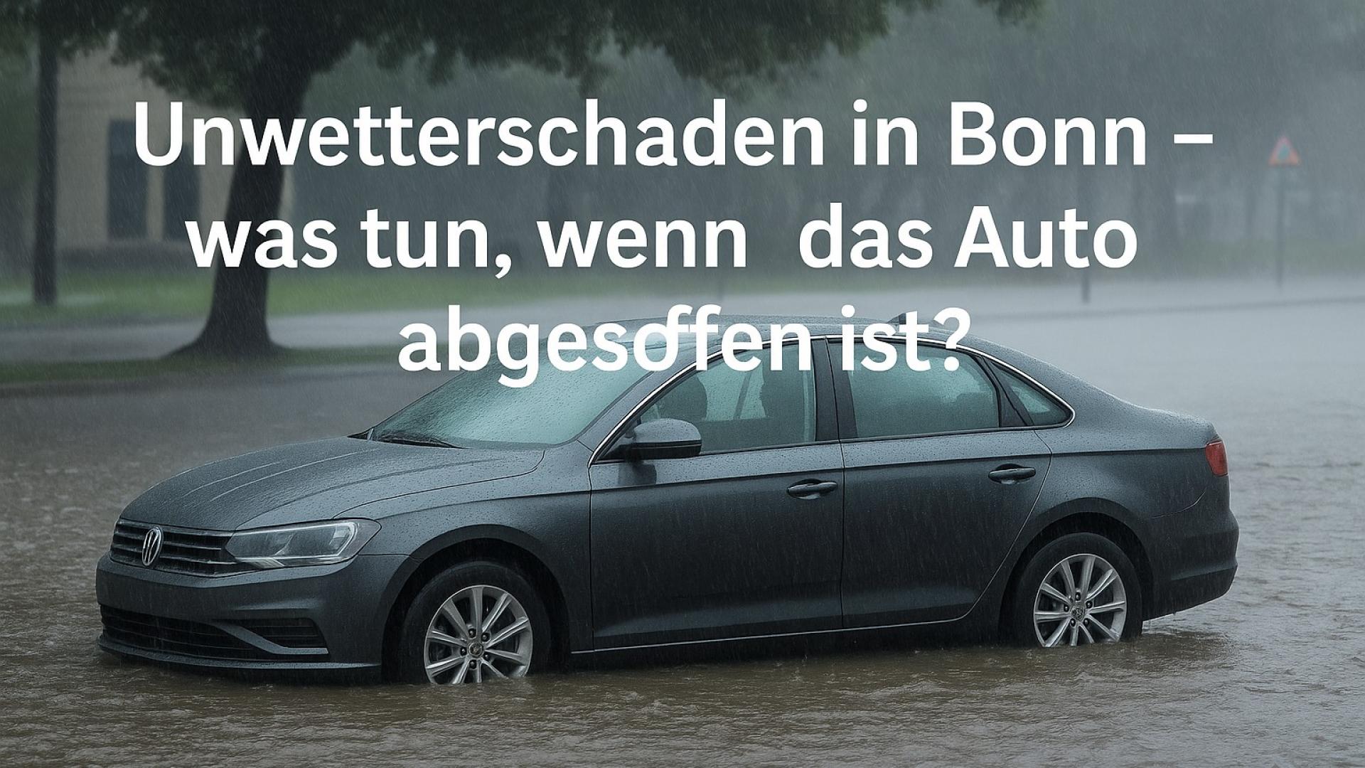 Ein dunkler Pkw steht halb im Hochwasser auf einer überfluteten Straße in Bonn – Symbolbild für Unwetterschäden und abgesoffene Autos.