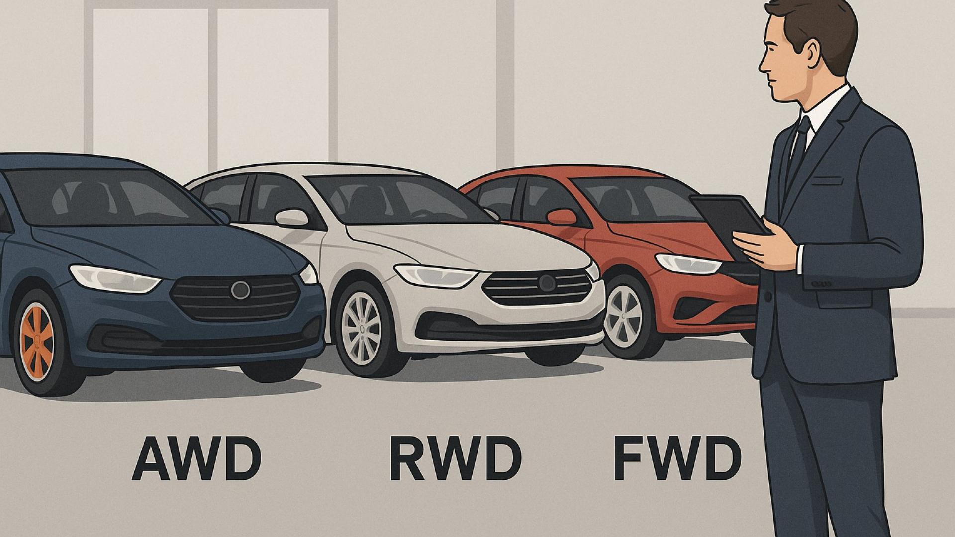 Realistische Illustration eines Autoankäufers, der drei Fahrzeuge mit Allrad-, Heck- und Frontantrieb begutachtet – passend zum Thema Autoankauf und Antriebsarten.