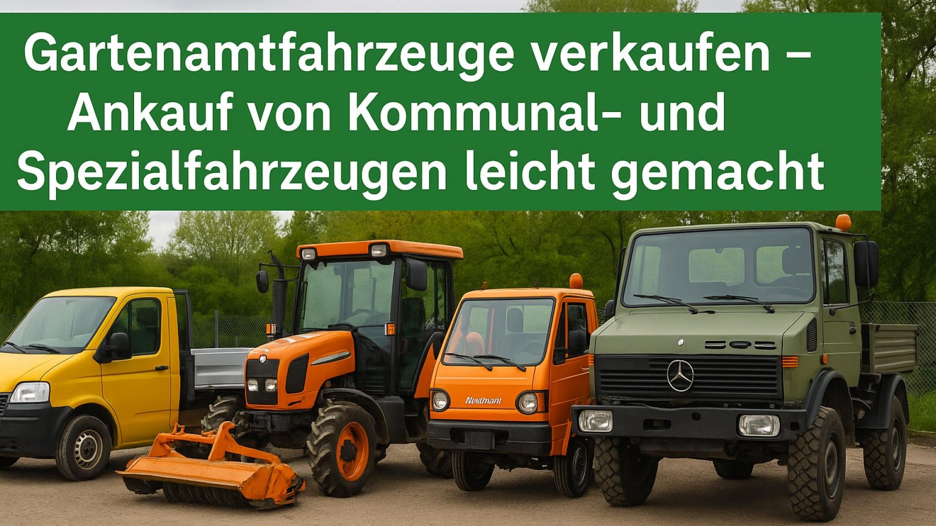 Vier typische Gartenamtfahrzeuge – Pritschenwagen, Traktor, Multicar und Unimog – symbolisieren den einfachen Verkauf von Kommunalfahrzeugen bei Autoankauf ADAM.