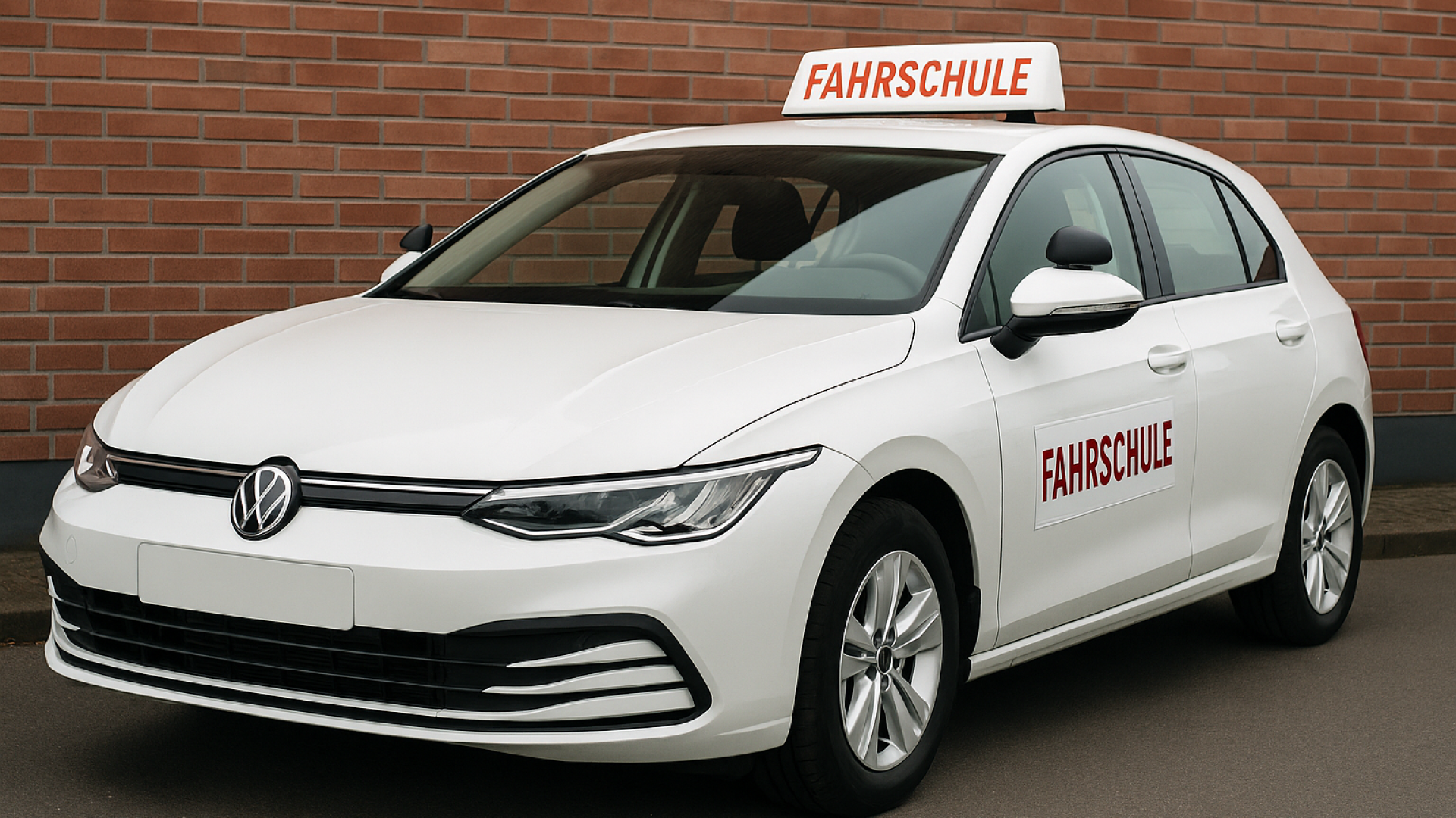 Weißes Fahrschulauto (VW Golf) im Querformat, sauber geparkt vor einer Backsteinwand – ideal als Titelbild für den Verkauf von Fahrschulwagen in Köln.