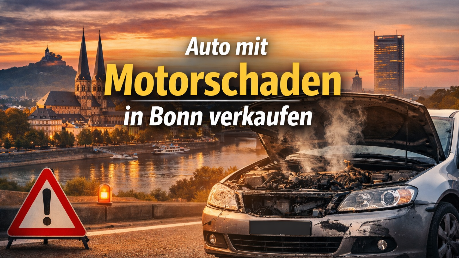 Auto mit Motorschaden in Bonn verkaufen – defektes Fahrzeug vor Bonner Skyline.