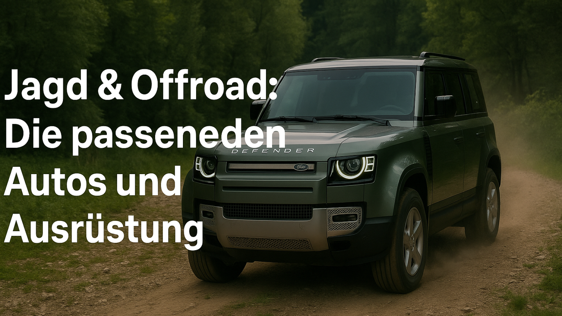 Land Rover Defender auf einem Waldweg – ideales Jagd- und Offroad-Fahrzeug. Perfekt für Jäger, die robuste Geländewagen und passende Ausrüstung suchen.