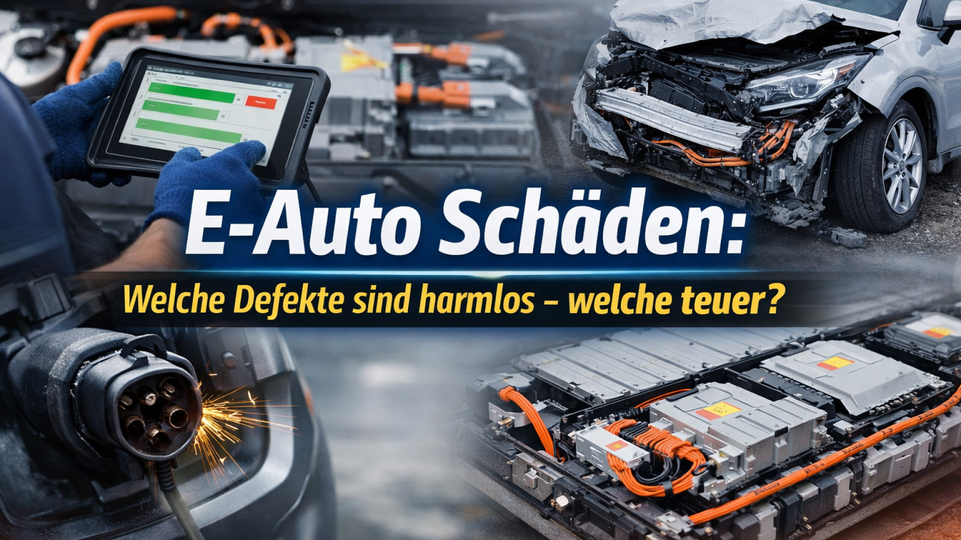 E-Auto mit typischen Schäden: Batterie, Ladeanschluss und Unfallschaden – Vergleich zwischen harmlosen und teuren Defekten.