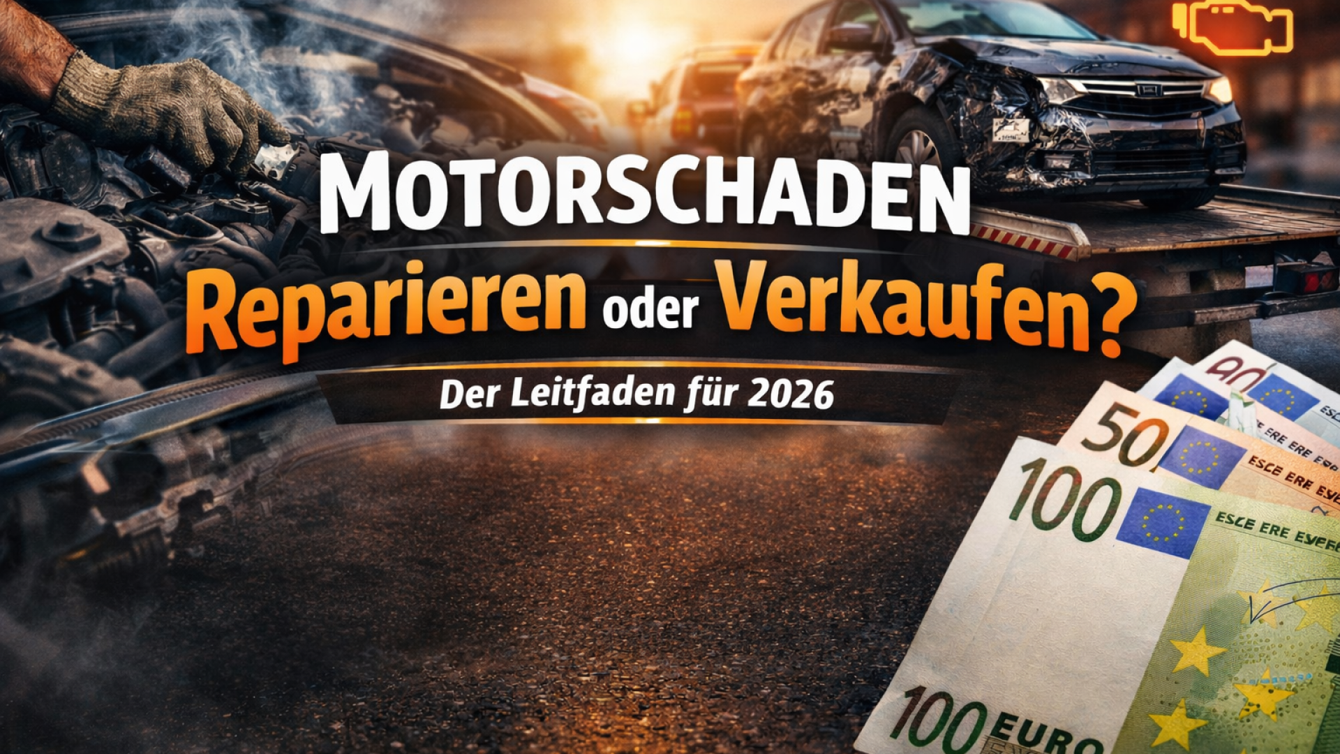 Motorschaden: beschädigter Motor und Abschleppwagen – Entscheidung zwischen Reparatur oder Verkauf im Jahr 2026.