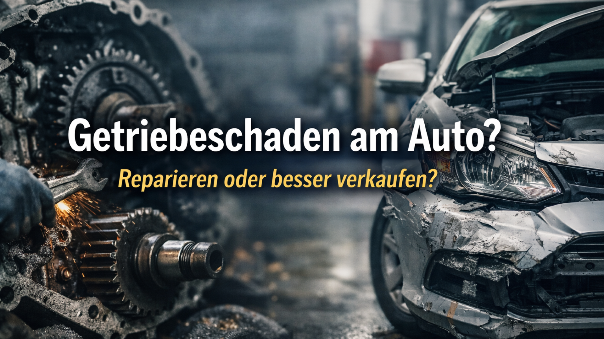 Getriebeschaden am Auto – defektes Getriebe und beschädigtes Fahrzeug mit Hinweis auf Reparatur oder Verkauf.