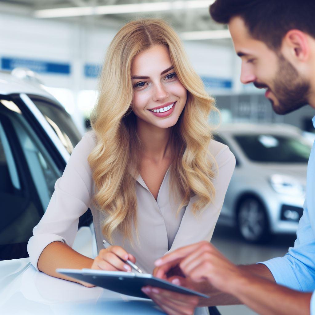 Eine Verkäuferin geht mit dem Autoexperten die Checkliste vor dem Autoankauf durch