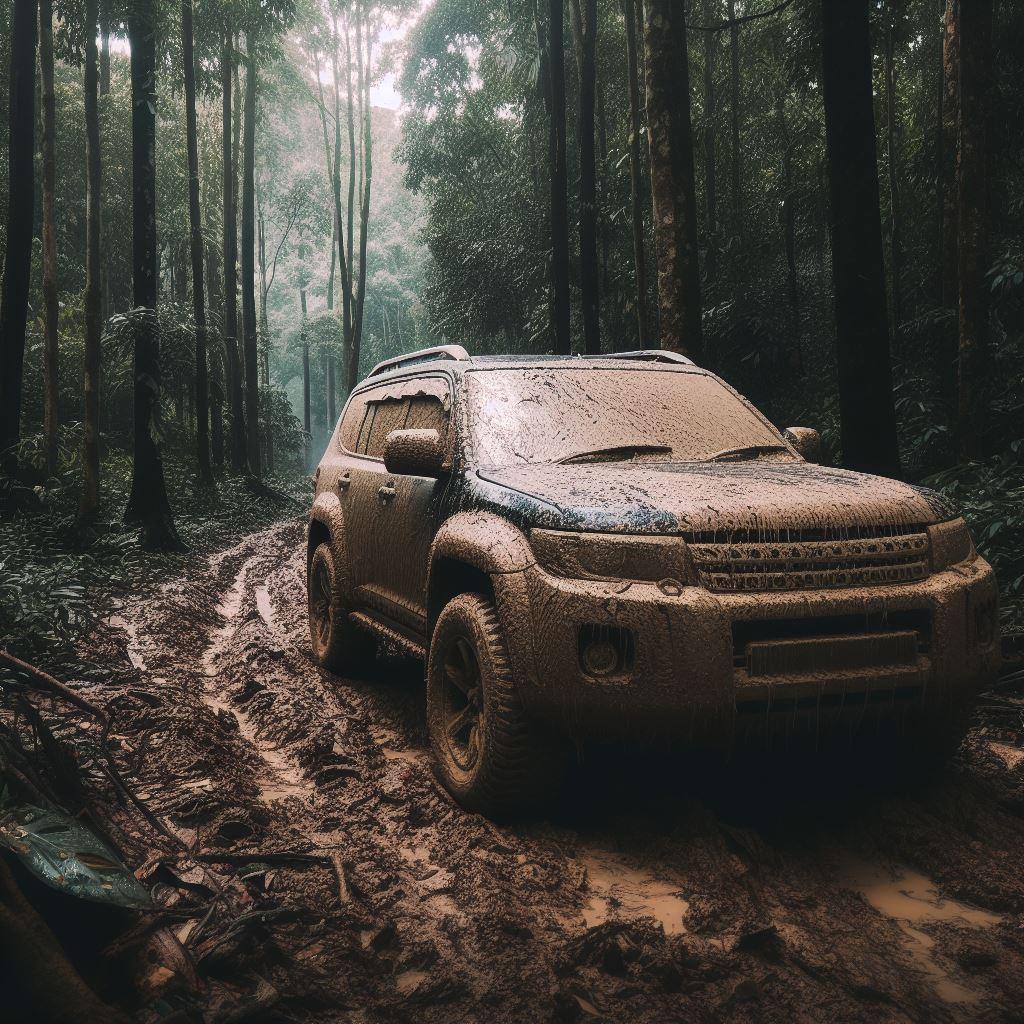 Ein Geländewagen voller Schlamm steht mitten im Wald und warten auf die Abschleppung durch Autoankauf ADAM