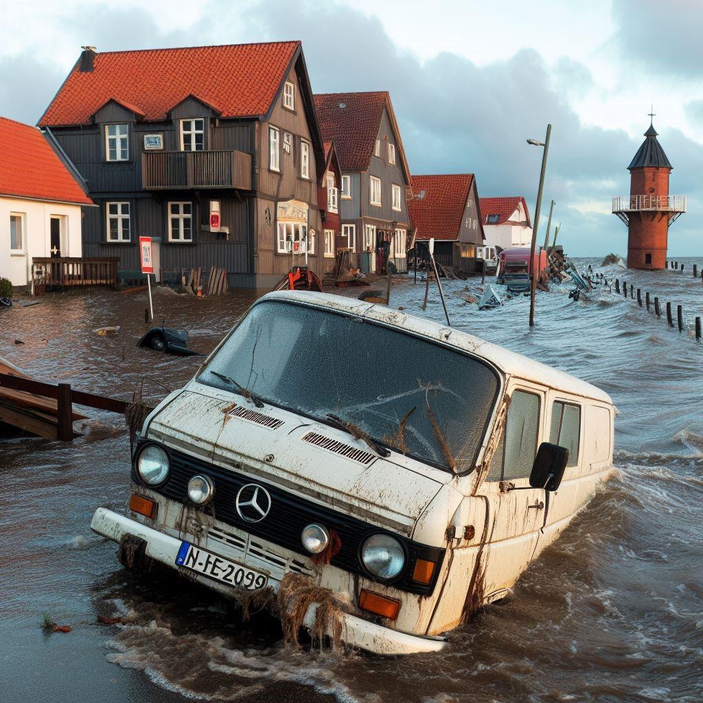 Das Bild zeigt eine Szene an der Ostseeküste, wo eine Sturmflut und ein Hochwasser viele Fahrzeuge beschädigt haben. Einige Autos sind teilweise oder ganz unter Wasser getaucht, andere sind umgestürzt oder haben Schäden an der Karosserie