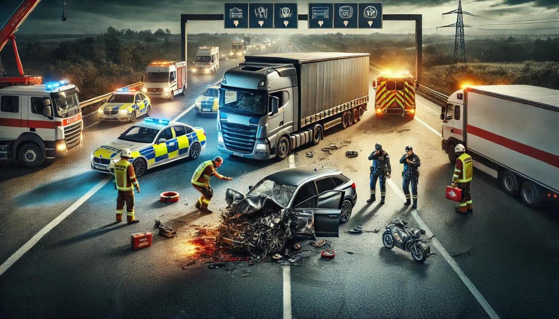 Ein Bild, das eine Szene zeigt, in der ein Lkw und ein Pkw in einen Unfall verwickelt sind