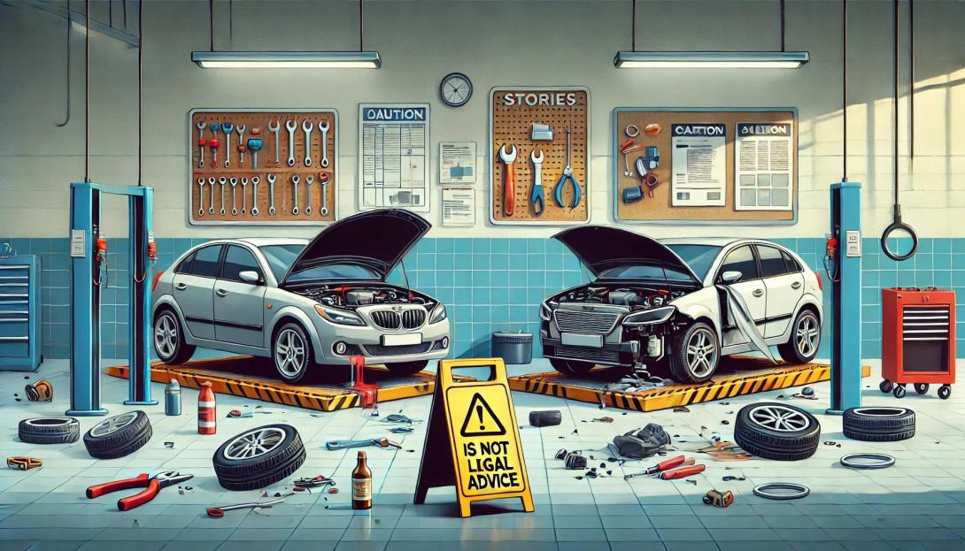 Eine Illustration über misslungene Kfz-Reparaturen mit zwei Autos in der Werkstatt
