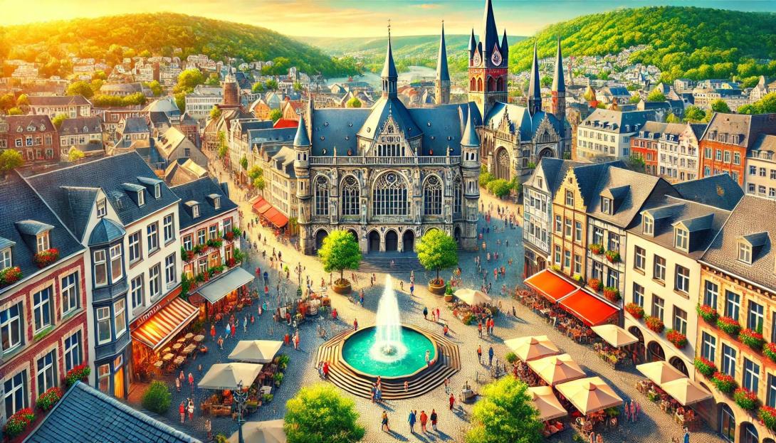 Das Bild zeigt eine lebendige und historische Szene der Stadt Aachen. Im Zentrum steht die majestätische Aachener Kathedrale, eines der bekanntesten Wahrzeichen der Stadt