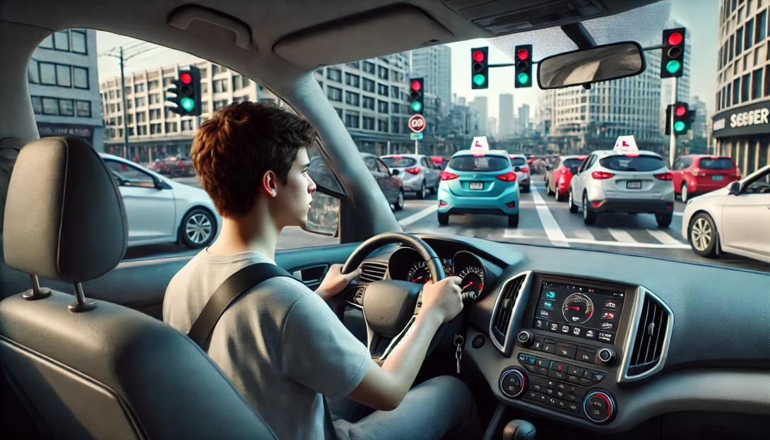 Der Fahrschüler sitzt konzentriert am Steuer, die Hände fest um das Lenkrad gelegt, die Augen nach vorne auf die Kreuzung gerichtet. Es ist ein normaler Wochentag, und der Verkehr fließt mäßig, während die Autos an den Ampeln warten. Neben ihm sitzt der Fahrlehrer