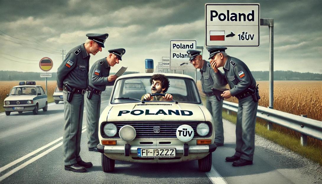 Ein humorvolles Bild zeigt, wie die deutsche Polizei einen Autofahrer auf dem Weg nach Polen anhält