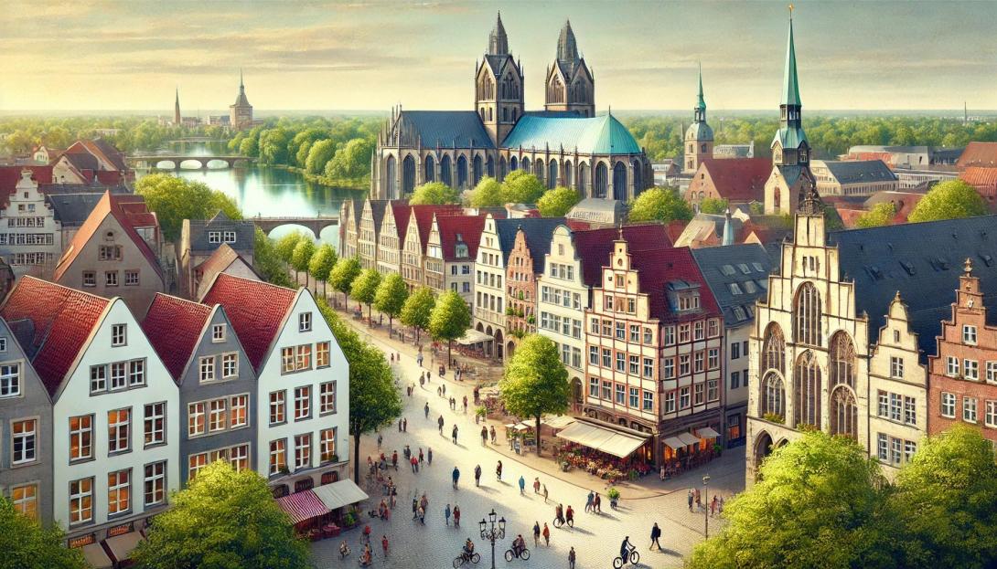 Ein illustriertes Bild der Stadt Münster. Es zeigt die berühmte mittelalterliche Architektur und das entspannte Stadtleben.