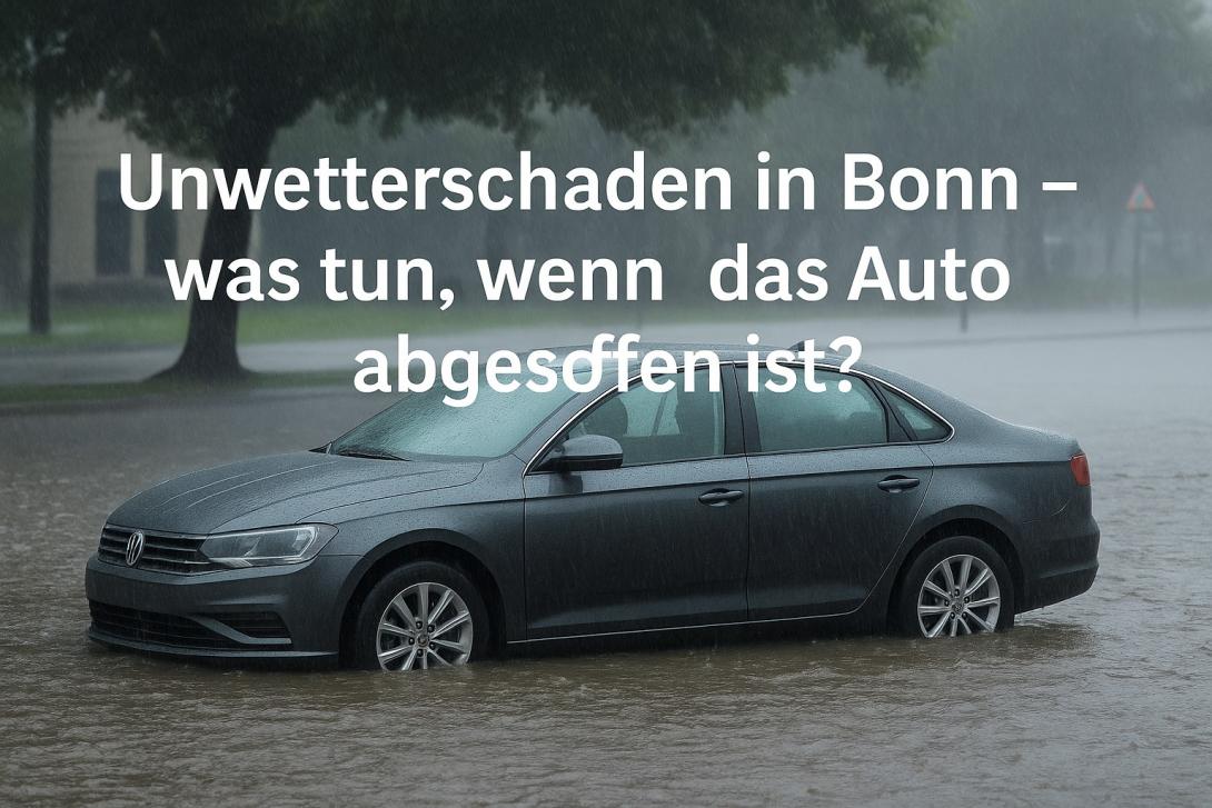 Ein dunkler Pkw steht halb im Hochwasser auf einer überfluteten Straße in Bonn – Symbolbild für Unwetterschäden und abgesoffene Autos.