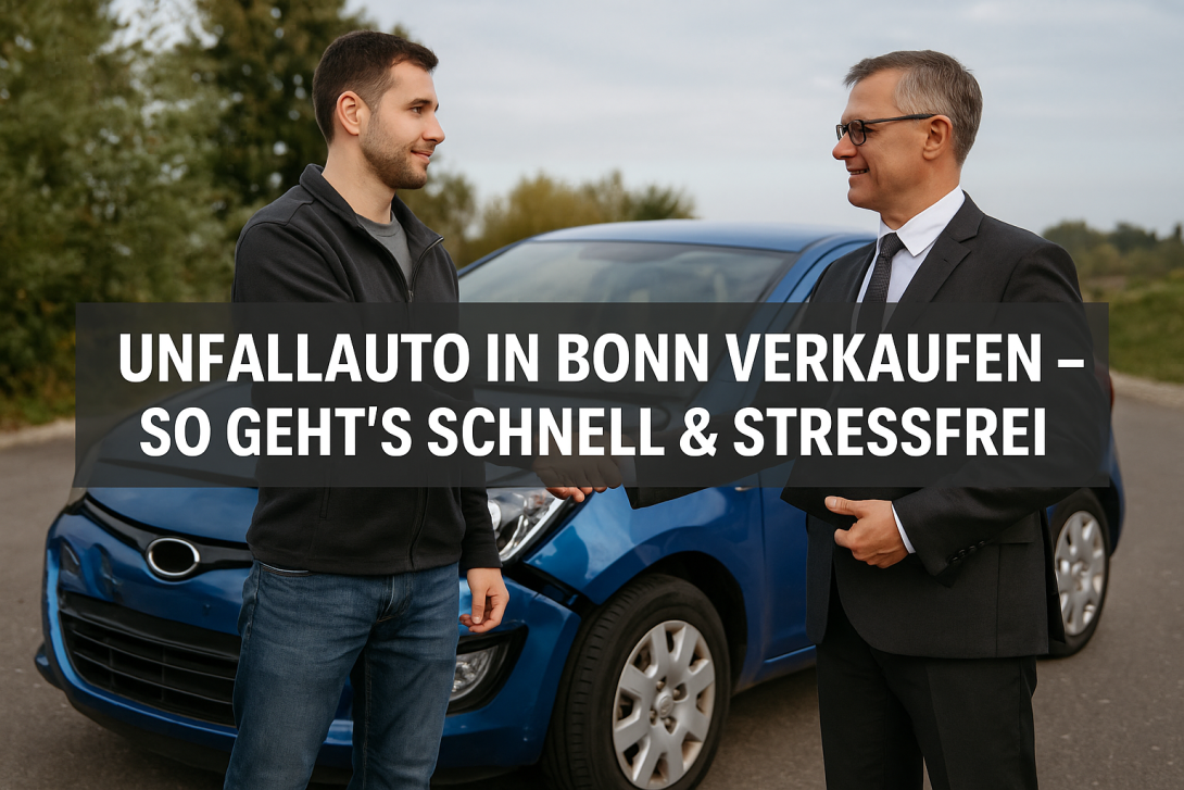 Ein modernes Blogbild zeigt einen Autoverkäufer und Käufer beim Handschlag vor einem beschädigten blauen Unfallauto – Symbol für den einfachen Verkauf von Unfallwagen in Bonn.