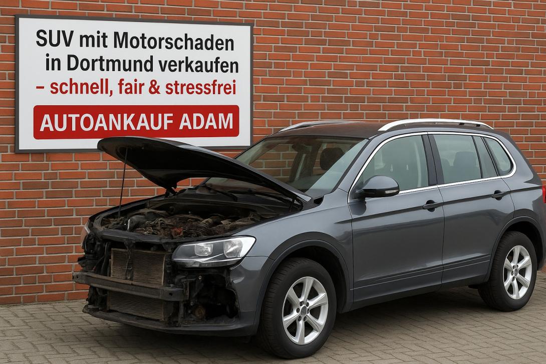 Ein grauer SUV mit Motorschaden steht vor einer Wand mit dem Schild „SUV mit Motorschaden in Dortmund verkaufen – Autoankauf ADAM“. Symbolbild für schnellen und fairen Fahrzeugankauf in Dortmund.
