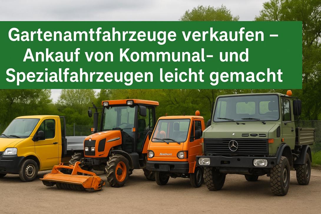 Vier typische Gartenamtfahrzeuge – Pritschenwagen, Traktor, Multicar und Unimog – symbolisieren den einfachen Verkauf von Kommunalfahrzeugen bei Autoankauf ADAM.