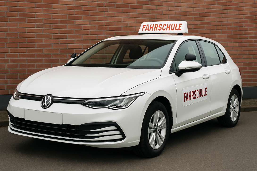 Weißes Fahrschulauto (VW Golf) im Querformat, sauber geparkt vor einer Backsteinwand – ideal als Titelbild für den Verkauf von Fahrschulwagen in Köln.
