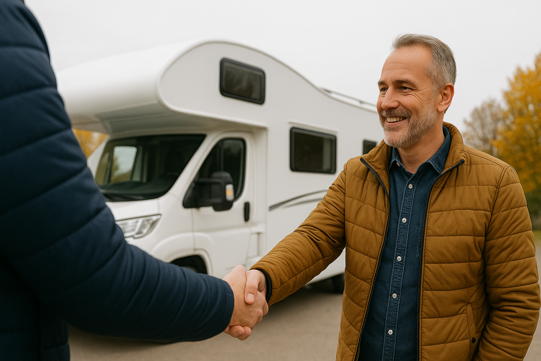 Zwei Männer beim Verkauf eines Wohnmobils im Herbst – freundlicher Handschlag vor weißem Camper, symbolisiert schnellen und unkomplizierten Wohnmobilankauf.