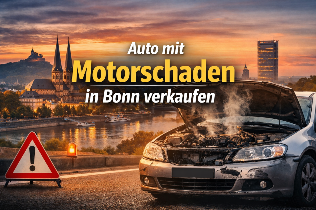 Auto mit Motorschaden in Bonn verkaufen – defektes Fahrzeug vor Bonner Skyline.