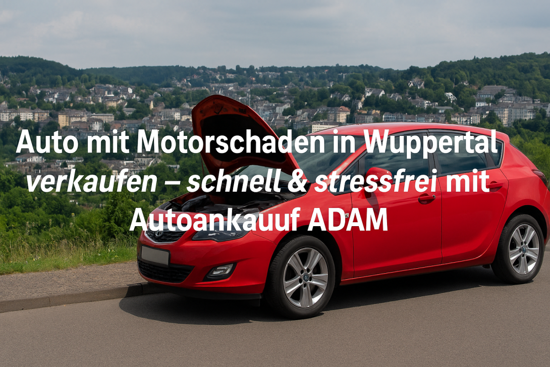 Auto mit Motorschaden auf einer Straße in Wuppertal, im Hintergrund die hügelige Stadtlandschaft. Ideal für Beiträge zum Autoverkauf bei Motorschäden.