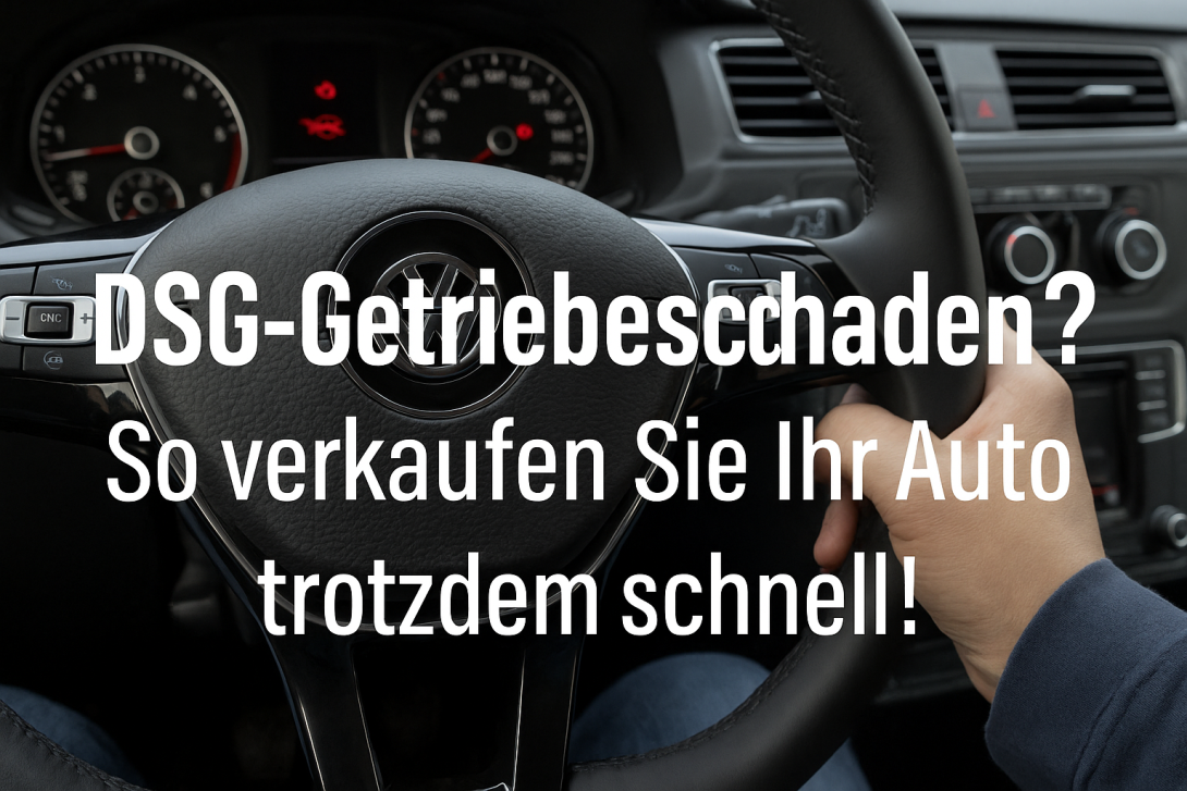 Innenaufnahme eines VW-Lenkrads mit Warnleuchten, dazu der Text „DSG-Getriebeschaden? So verkaufen Sie Ihr Auto trotzdem schnell!“. Ideal als Blogtitelbild für Autoankauf ADAM.