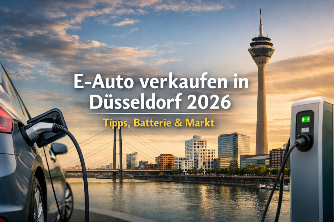 Elektroauto beim Laden vor Düsseldorfer Skyline – Tipps zum E-Auto-Verkauf in Düsseldorf 2026.