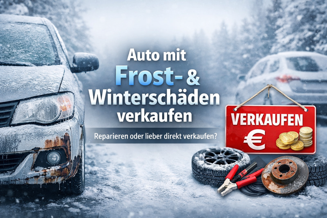 Auto mit Frost- und Winterschäden im Winter – Entscheidung zwischen Reparatur oder Verkauf eines beschädigten Fahrzeugs.
