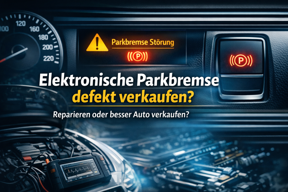 Warnmeldung „Parkbremse Störung“ im Cockpit – Thema: elektronische Parkbremse defekt, reparieren oder Auto verkaufen.