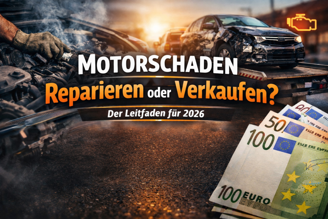 Motorschaden: beschädigter Motor und Abschleppwagen – Entscheidung zwischen Reparatur oder Verkauf im Jahr 2026.