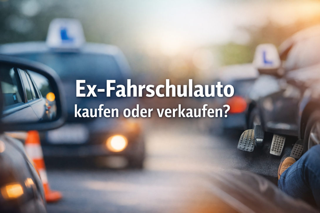 Ex-Fahrschulauto kaufen oder verkaufen – Symbolbild mit Fahrschulfahrzeug und Doppelpedalen. Passend für Ratgeber & Autoankauf.