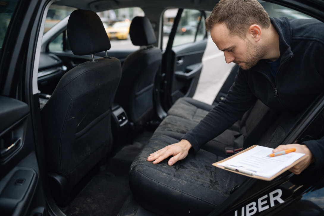 Prüfung der stark abgenutzten Rückbank eines ehemaligen Uber-Fahrzeugs vor dem Verkauf an einen Autoankäufer.