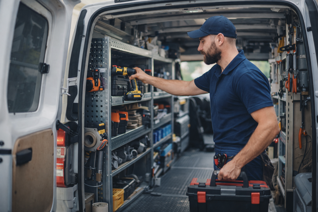 Handwerker in einem Transporter mit Werkstattausbau greift nach Werkzeug. Beispiel für ein modernes Handwerkerauto.